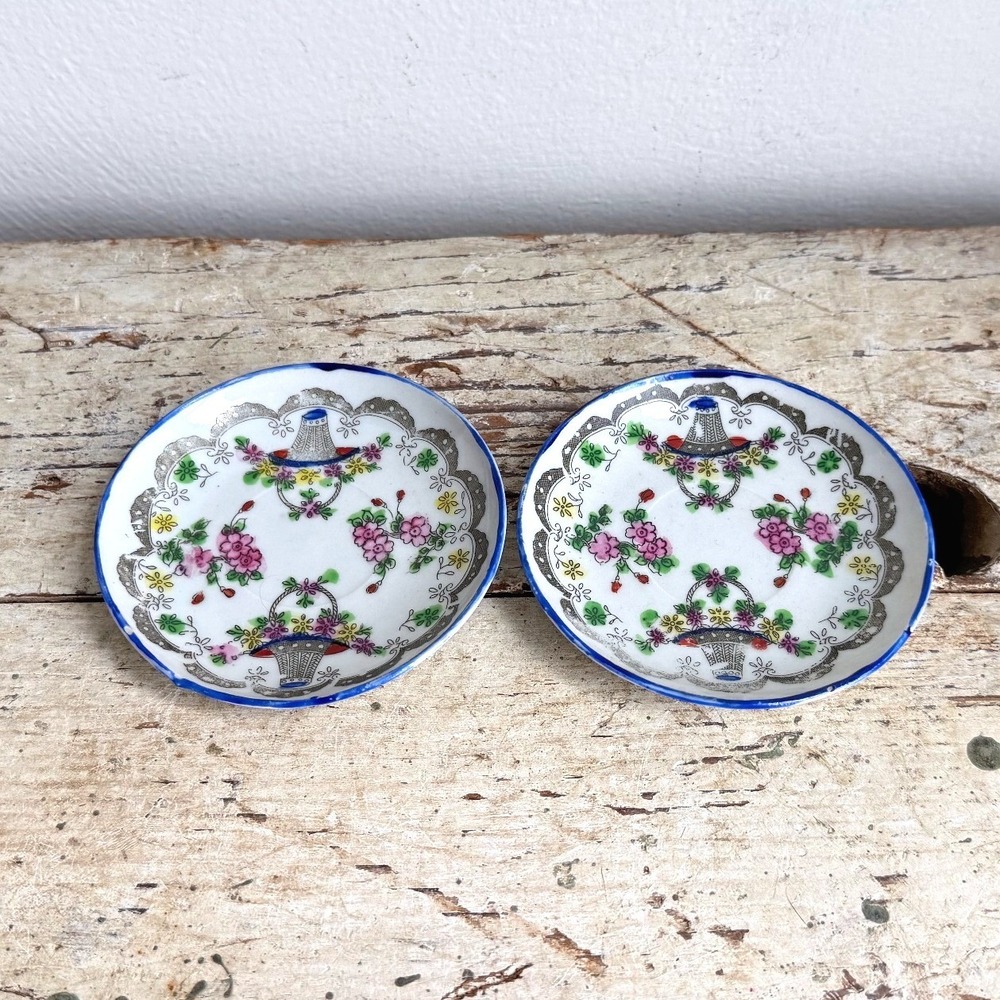 Vintage Japan Miniature Porcelain Floral Basket Saucers Trinket Dishes Set CSGA